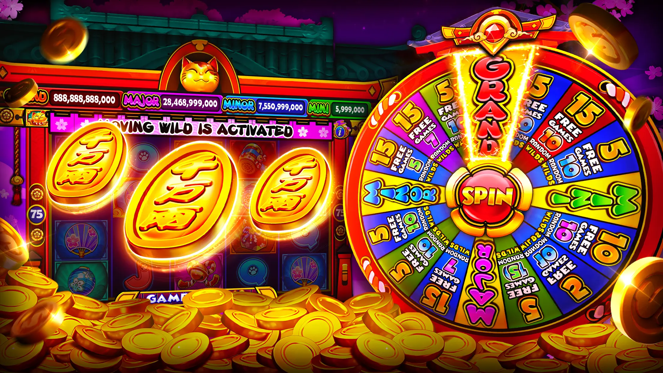 Colorful social slot scene with a bonus wheel and virtual coins