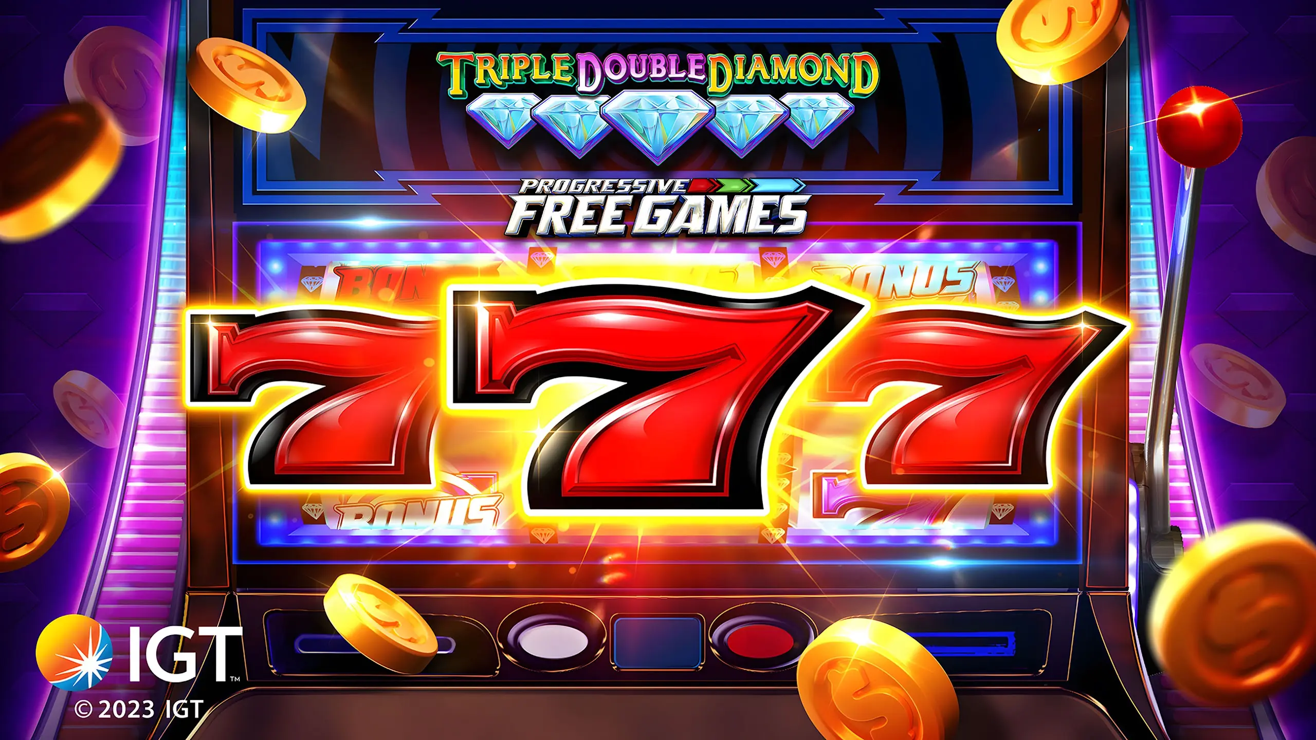 Triple seven social slot scene with diamond symbols and virtual coins