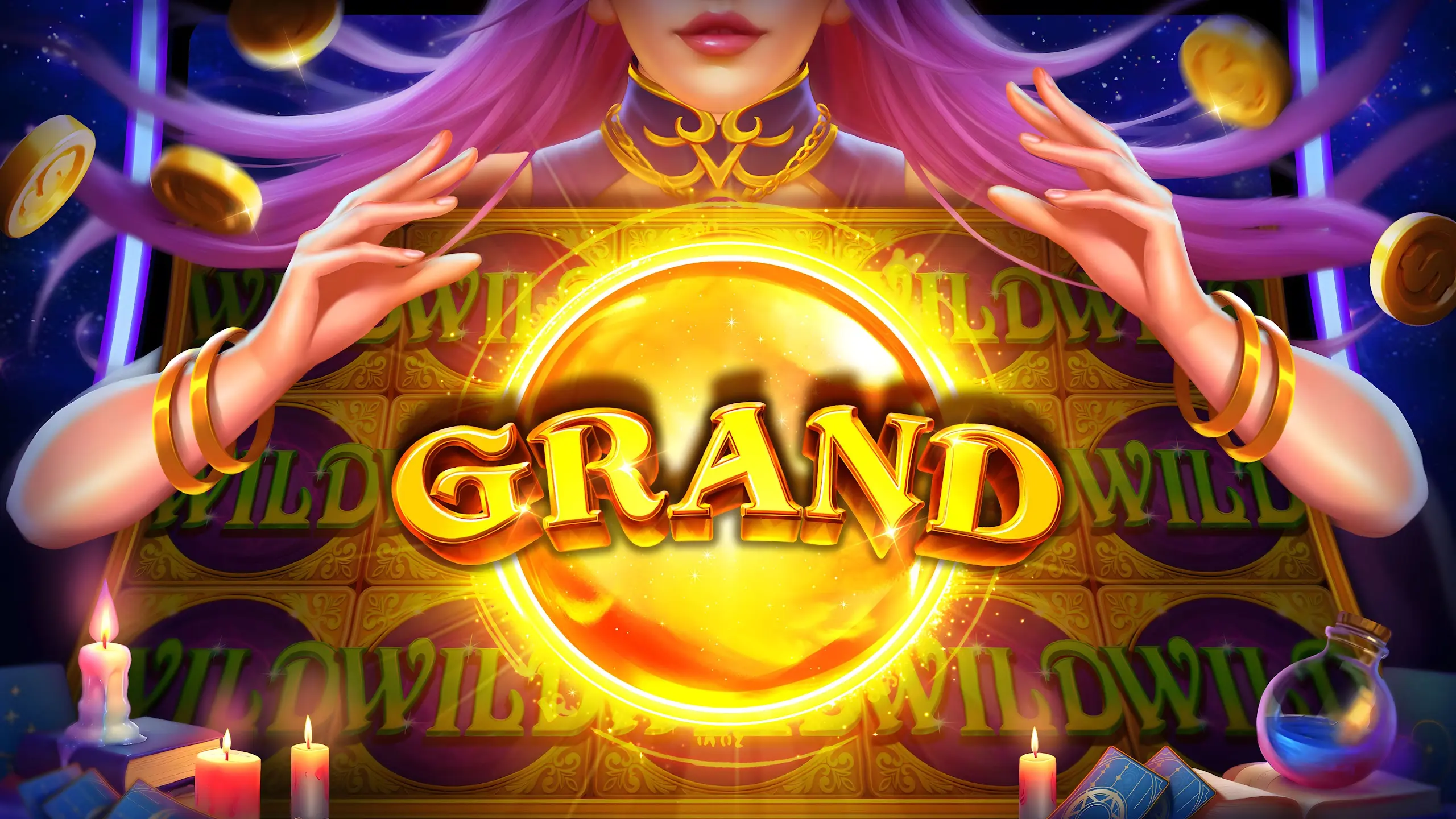 Fantasy-themed social slot scene with a glowing grand reward display